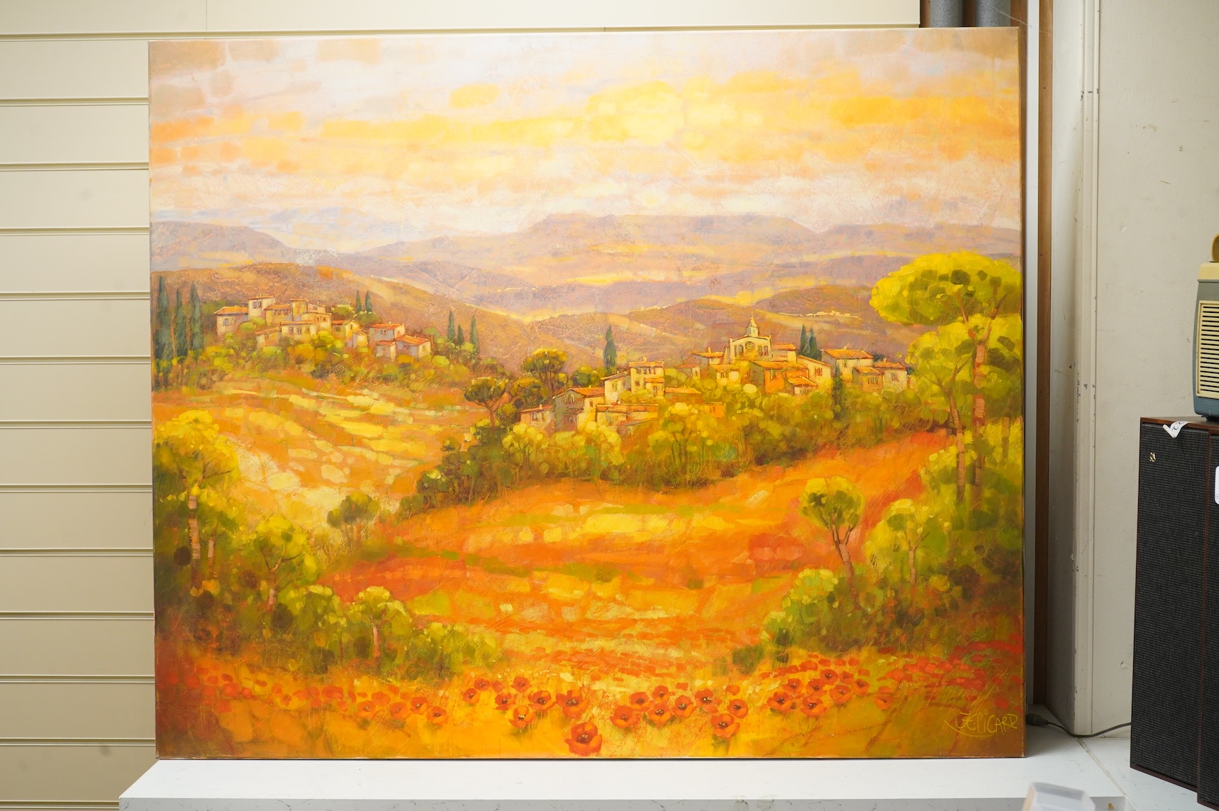 Jean Claude Picard (b.1940), Mediterranean landscape with villas, signed, oil on canvas, unframed, 100 x 120cm